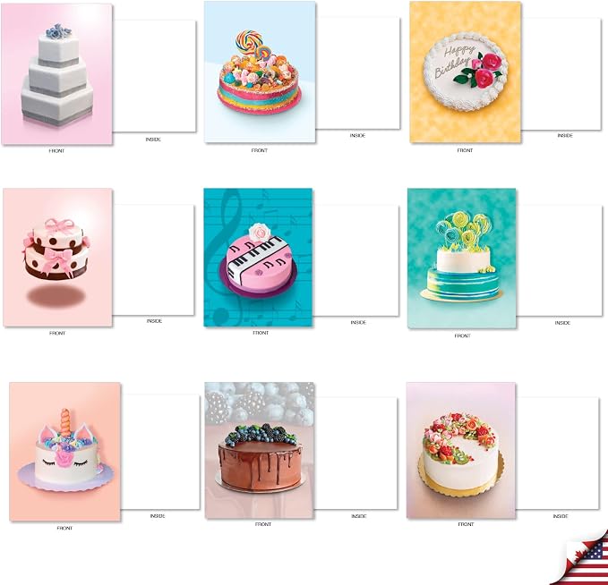 The Best Card Company - 36 Assorted Blank Notecards Bulk Box Set 4 x 5.12 Inch with Envelopes (36 Designs, 1 Each) Friendship Birthday Card Variety Pack - Cakes for All Seasons AM7074OCB-B1x36