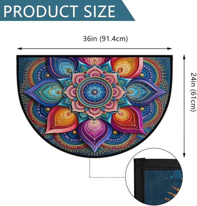 Mandala Half Round Door Mat Semi Moon Rug Fireplace Carpet Area Rugs | Rainbow Lotu Non Slip Absorbent Half Circle Mat Carpet for Indoor Outdoor Patio Kitchen Bathroom Entryway Home Decor