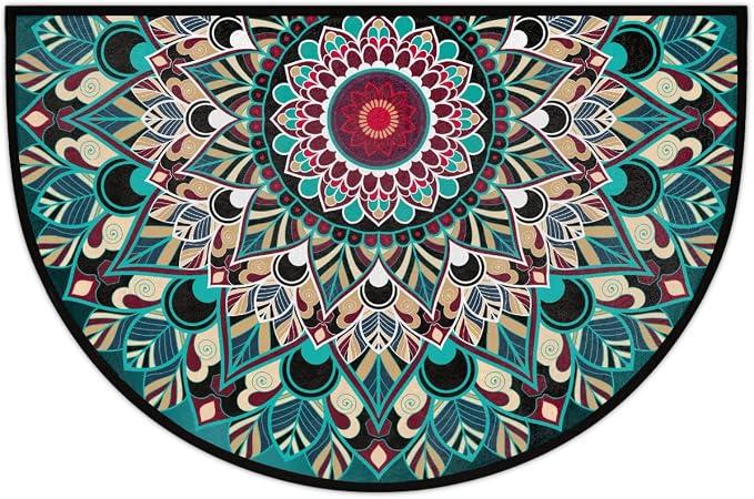 Mandala Half Round Doormat Non-Slip Semi Circle Rug Half Moon Mat | Turquoise Ethnic Flower Washable Soft Absorbent Indoor Outdoor Entrance Kitchen Bathroom Sink Welcome Fireplace Floor Rug