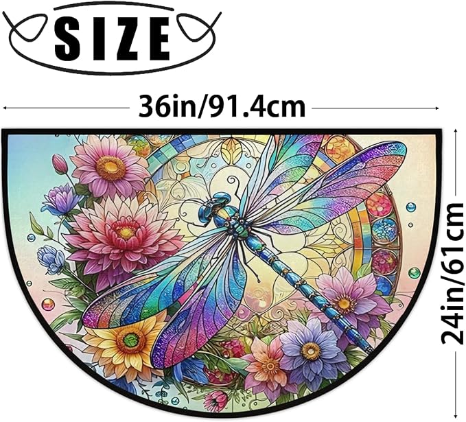 Colorful Dragonfly Flower Half Round Mat Half Moon Door Rug Washable Durable Semi Circle Carpet Floor mats for Indoor Outdoor Bathroom Kitchen Patio Hearth Rug Laundry Room Home Decoration