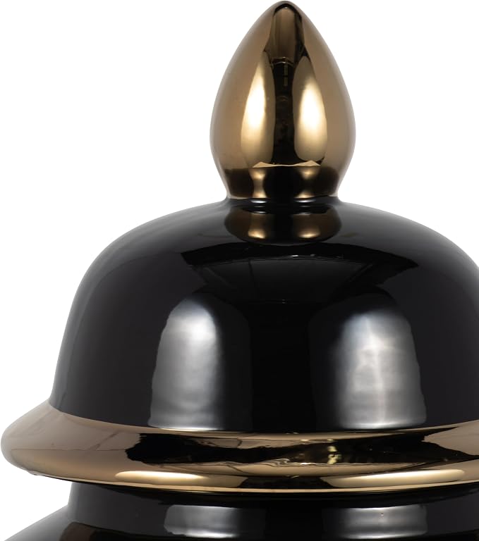 Ceramic Temple Jar with Lid for Living Room Decor - Contemporary Flower Vase for Bedroom, Home Styling, and Kitchen Counter - Sculpted House Accent for Office and Table Decor - 18", Black & Gold
