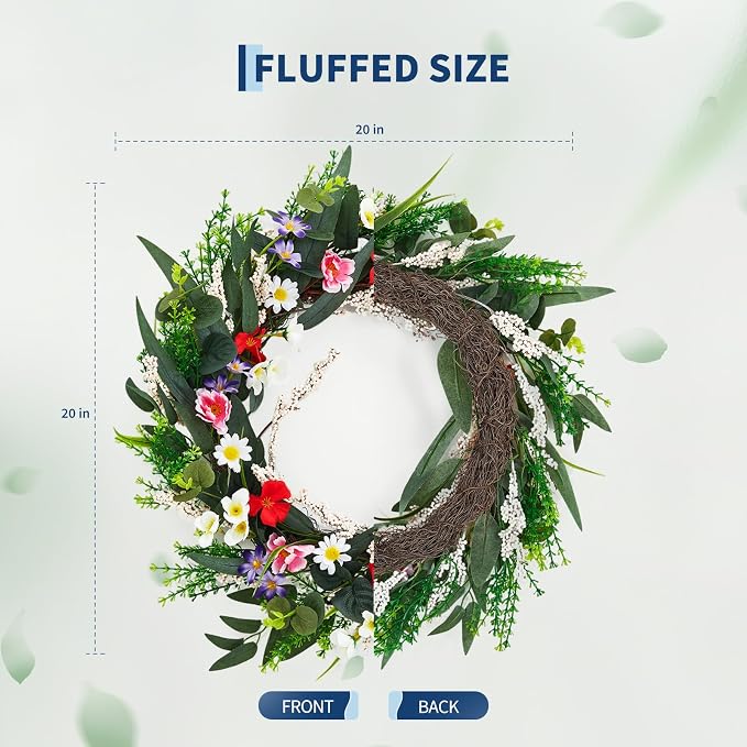 Garvee 20 Inch Artificial Spring Flower Wreath for Front Door | Colorful Floral Door Wreath with Eucalyptus Leaves, Daisies, and Mixed Blooms for Indoor Outdoor Porch Wall Window Home Decor