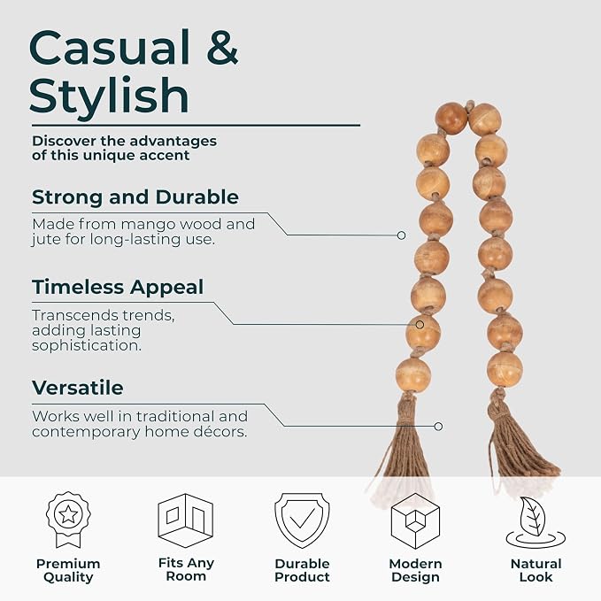 Wood Decorative Objects Bead Garland – Decorative Object Accent for Styling – Coffee Table or Shelf Display – Rustic Bead Tassels for Relaxed Accessories, Home Decor – 32", Brown
