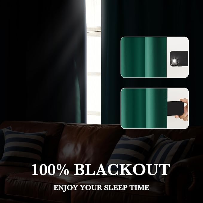RYB HOME Bedroom Blackout Curtains 63 inches Long, 100% Blackout Thermal Insulated Noise Reducing Curtains for Living Room Nursury, 34 inches Wide by 63 inches Long, Dark Green