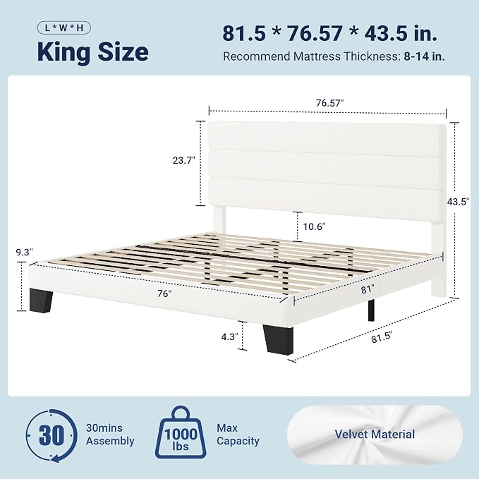 Allewie King Size Platform Bed Frame with Velvet Upholstered Headboard | Wooden Slats Support, Fully Upholstered Mattress Foundation, No Box Spring Needed, Easy Assembly, Noise-Free, White