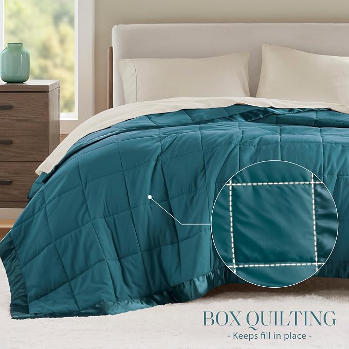 Madison Park Down Alternative Queen Blanket for Bed, Satin Trim, Teal | Lightweight Windom Blanket Full Size Premium 3M Scotchgard Moisture Wicking Treatment, OEKO TEX, Soft Bed Cover, All Season