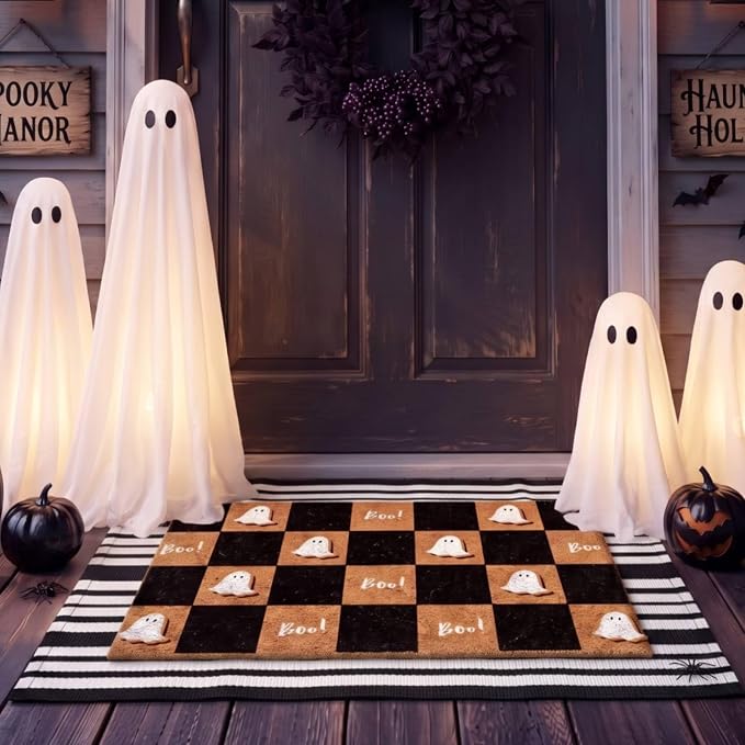 Moucuny 2 Pcs Halloween Coir Doormat Outdoor Boo Ghost Coir Plaid Welcome Mat Layered Black White Striped Outdoor Rugs for Halloween Front Door Porch Porch Entryway Decor,24'' X 35'',16'' X 28''