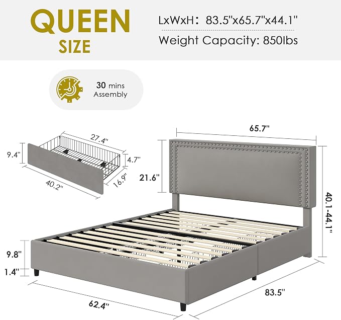 VECELO Queen Size Upholstered Bed Frame with 4 Storage Drawers, Adjustable Velvet Rivet Decor Headboard, Wooden Slats Platform Support, No Box Spring Needed, Easy Assembly,Dark Grey