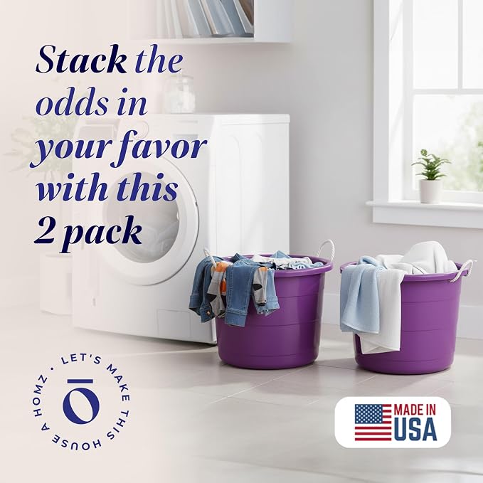 Homz 2 Pack of 17 Gallon Storage Buckets, Durable Plastic Containers, Sturdy Rope Handles, Large Tubs for Sports Equipment, Party Cooler, Gardening, Toys and Laundry, Orchid
