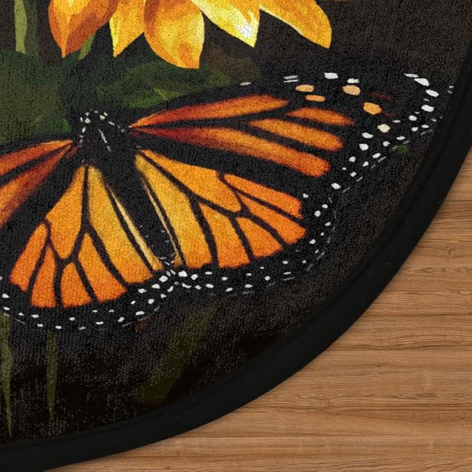 Butterfly Sunflower Round Area Rug, Sunflower Pattern Non-Slip Circle Rug for Bedroom Living Room Outdoor Study Playing Floor Mat Carpet, 5.2' Diameter