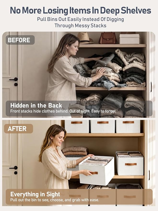 8 Pack Large Closet Storage Baskets Bins for Shelves, Collapsible Fabric Closet Organizers and Storage with Polyester Handles, Decorative Baskets for Organizing Clothes, Towels, Linen Closet 14"x10"