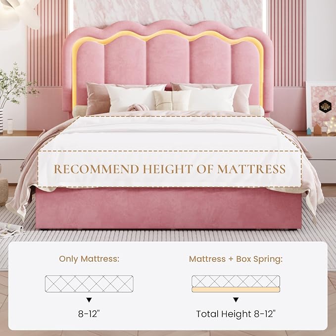 SHA CERLIN Full Size Bed Frame with LED Lights and Storage Drawer, Pink | Upholstered Velvet Platform Bed with Adjuatable Wavy Headboard, Noise-Free, Easy Assembly,No Box Spring Needed