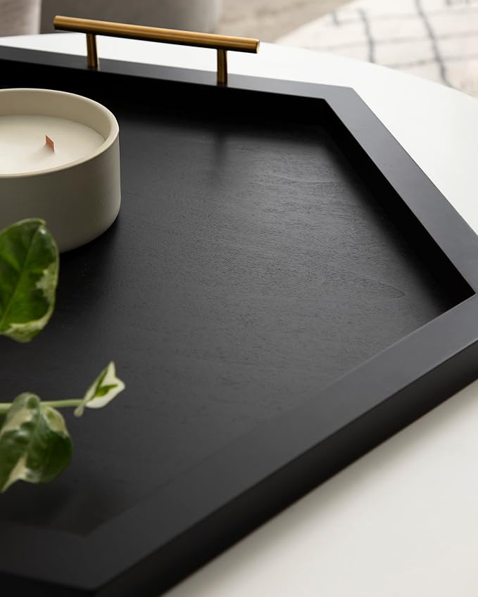 Kate and Laurel Halsey Hexagon Decorative Wooden Tray with Polished Metal Handles; 22 x 19; Black and Gold; Modern Glam Wood Hexagon Serving Tray for Display or Decoration