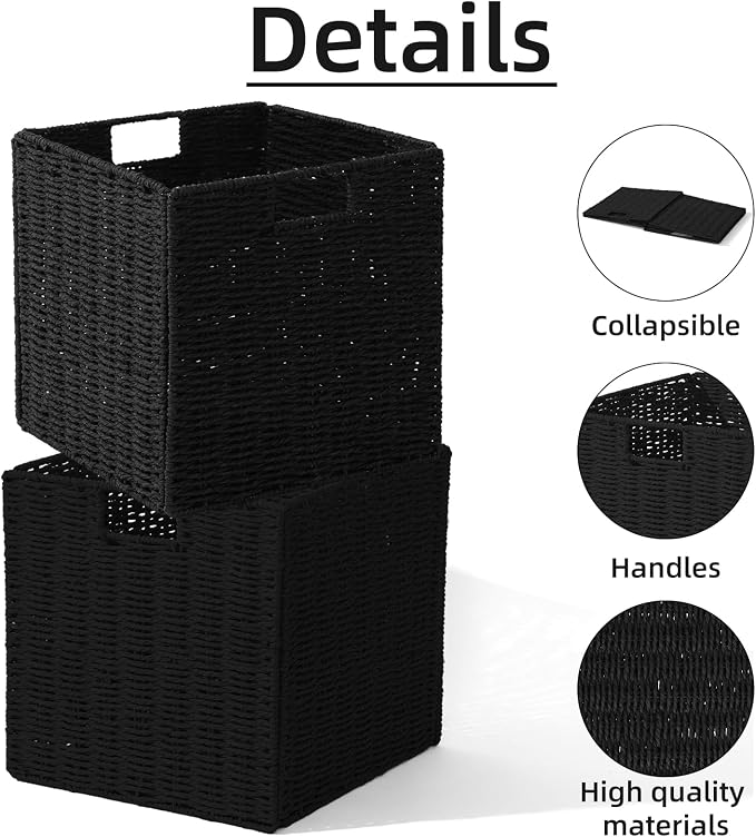 Set of 2 Hand-Woven Paper Rope Wicker Baskets, Storage Basket, Foldable Cube Storage Bins, Black Storage Cubes, Square Baskets for Organizing Shelves Decor, 12x12x12in