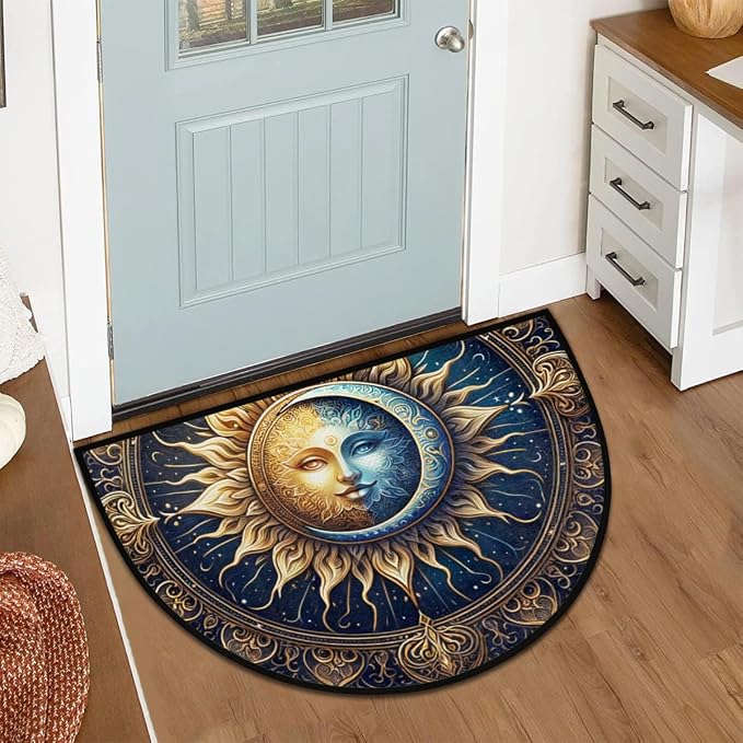 Ethnic Sun Boho Half Round Door Mat Non-Slip Semi Circle Rug Washable Half Moon Floor Rug Absorbent Bathroom Area Rugs for Outdoor Indoor Fireplace Mat Entryway Kitchen Decor Rugs
