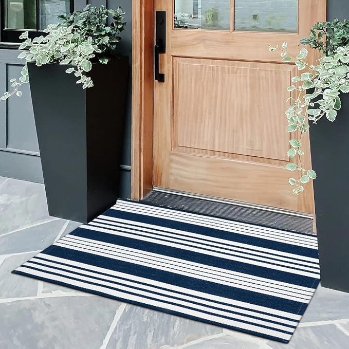 OJIA Front Door Mats Outdoor Welcome Mat 2'x3' Striped Rugs Porch Decor | Washable Cotton Woven Indoor Outdoor Rugs Farmhouse Small Area Rug Layered Doormat for Entryway/Kitchen/Entrance/Patio Decor
