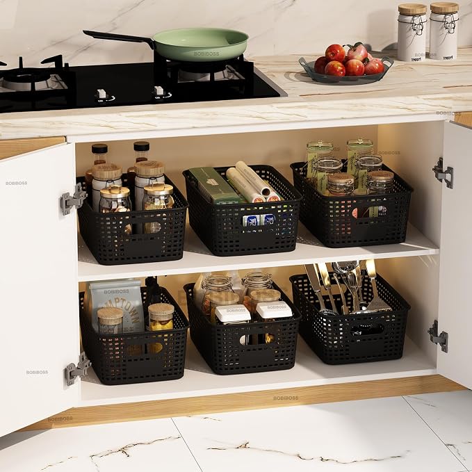 Black Plastic Storage Baskets with Lids 12 Pack Stackable Storage Bins Containers for Shelves Organizing, Cute Decorative Storage Boxes for Classroom, Playroom, Closet, Pantry