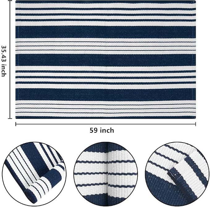 BUAGETUP Blue and White Outdoor Rug 3'x 5' Cotton Woven Washable Rug Striped Front Porch Rug Indoor/Outdoor Area Rug Floor Mat for Farmhouse/Layered Door Mats/Living Room