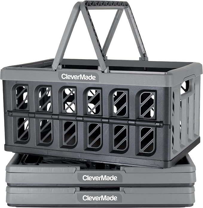 CleverMade Collapsible Shopping Basket, 24L, 3 Pack, Stone | Rigid walls protect groceries and supplies. Each basket carries 25 lb, stacks securely, and folds to 2.25 inches.