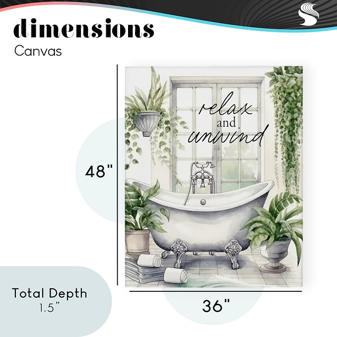 Relax Unwind Bath Foliage Bath, 36 x 48 Inch Canvas Wall Art | Stupell Industries · By Lettered and Lined · Ready to hang · Calm bathroom and bedroom accent · Made in USA