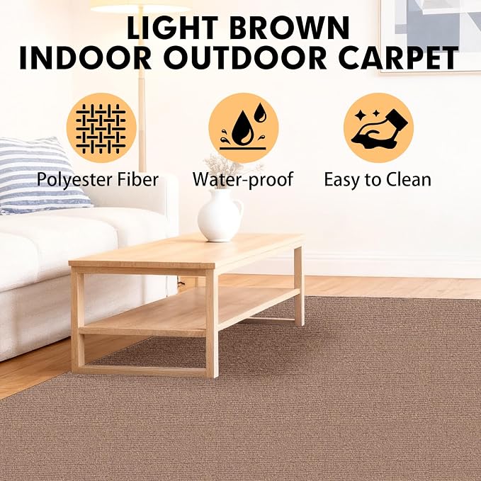 Grefinity Marine Carpet,6 FT x 23 FT Light Brown Indoor Outdoor Carpet 0.2" Thick Boat Rug with Water-Proof TPE Backing for Home, Patio, Porch, Deck