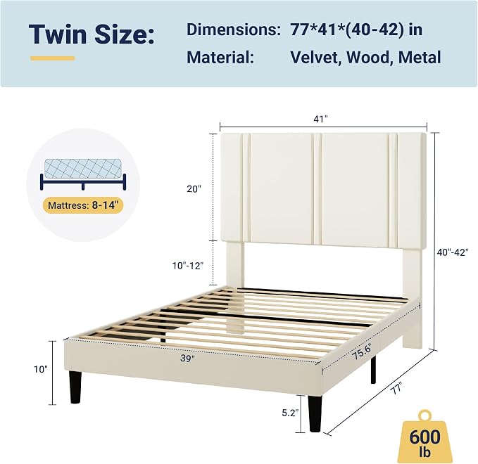 Allewie Twin Size Platform Bed Frame with Adjustable Headboard | Plush Velvet Upholstered, Vertical Channel Tufted, Sturdy Wood Slats, No Box Spring Needed, Easy Assembly, Cream