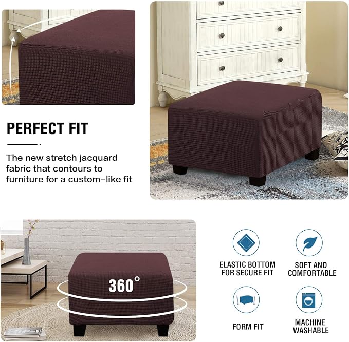 H.VERSAILTEX Square Ottoman Covers Ottoman Slipcovers Folding Storage Stool Furniture Protector Form Fit with Elastic Bottom, Stretch High Spandex Small Checks Jacquard Fabric(Large,Chocolate)