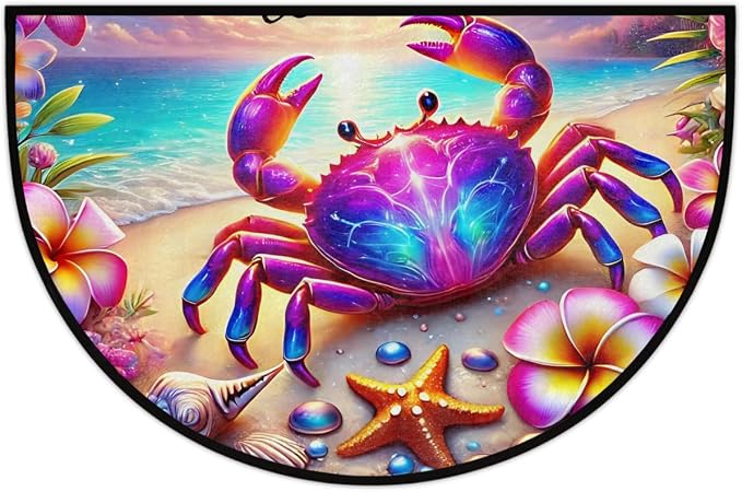 Summer Beach Crabs Half Round Door Mat Non-Slip Semi Circle Rug Washable Half Moon Floor Rug Absorbent Bathroom Area Rugs for Outdoor Indoor Fireplace Mat Entryway Kitchen Decor Rugs
