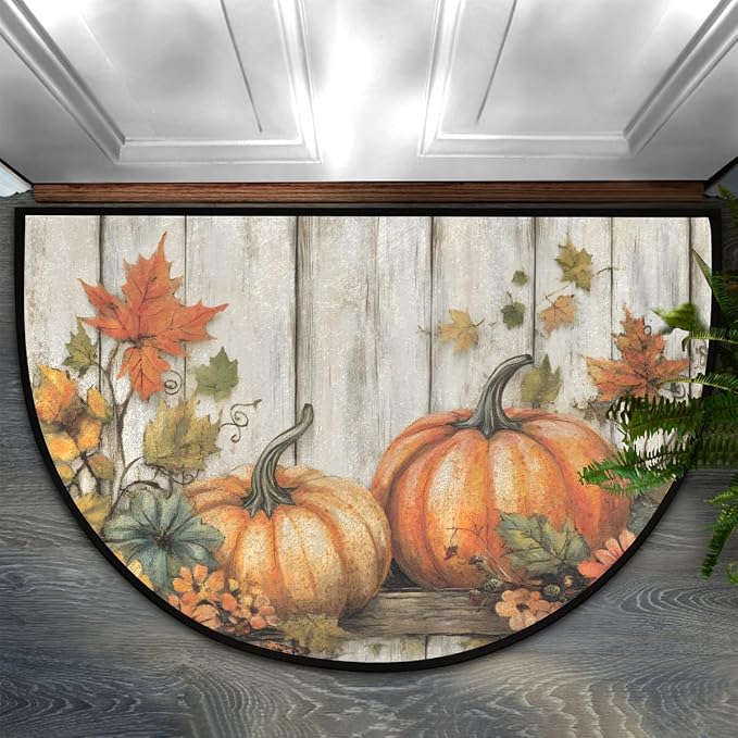 Pardick Half Round Door Mat Vintage Pumpkin Wood Anti-Slip Semi Circle Rug 24X36 Entrance Welcome Mats Indoor Outdoor Door Mat, Washable Decorative Floor Mats for Kitchen Bathroom Hearth Fireplace