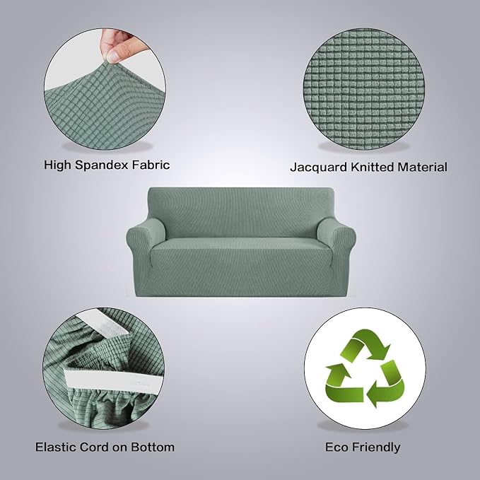 H.VERSAILTEX Stretch Couch Covers for Sofa 1 Piece Slipcovers for Couches and Sofas 3 Seater Couch Cover Feature Thick Checked Jacquard Fabric with Elastic Bottom(Large Sofa 90"-100" Wide, Sage)