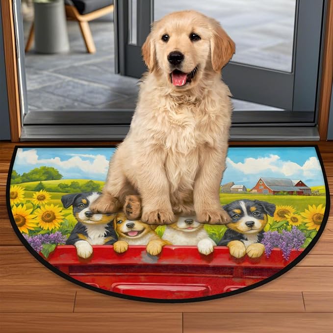 cfpolar Sunflower Cute Dog Half Round Door Mat Indoor Entrance Half Circle Area Rug Semi Circular Door Mat Half Moon Rug for Floor Bathroom Living Room Bedroom Kitchen Fireplace 24"x36",A-03
