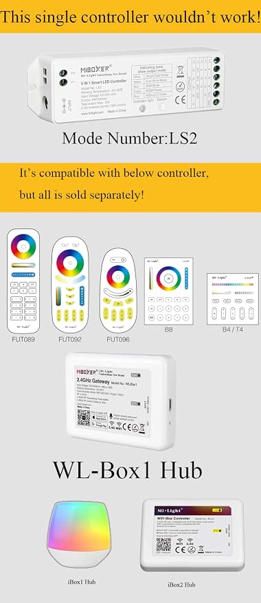 LGIDTECH LS2 LED Strip Lights 5 in 1 Controller,Compatible with Single Color,RGB,RGBW,WW+CW,RGB+CCT LED Strip Lights,Smartphone APP Control via Gateway(Excluded)