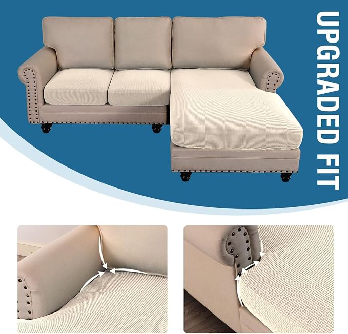 H.VERSAILTEX Sectional Couch Covers 3 Pieces Sofa Seat Cushion Covers L Shape Separate Cushion Couch Chaise Cover for Both Left/Right Sectional Couch (Seat Only: 1 Chaise + 2 Sofa, Cream)