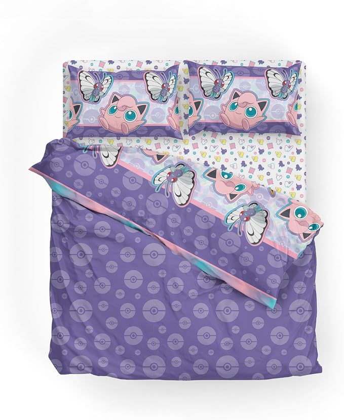 Northwest Pokemon Friendly Battle Full Size Bed in a Bag Set, Pikachu Eevee Jigglypuff Squirtle, Kids Boys Girls Bedding Comforter Sheets