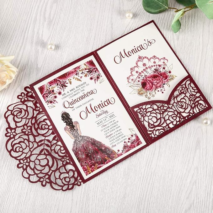 50PCS Customized Burgundy Quinceanera Invitations with Envelopes | 4.7x7 inch, Laser Cut, Invitation Cards for Miss XV, Sweet 16, 18th Birthday, Quince Invite,Quinceanera invitations, XV Anos