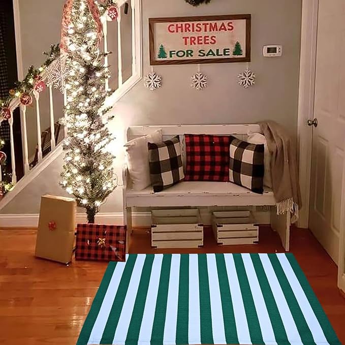 Green & White Striped Rug, 2'4" x 3'7" Indoor/Outdoor Area Rug for Front Porch, Entryway, Machine Washable Cotton Woven Welcome Door Mat
