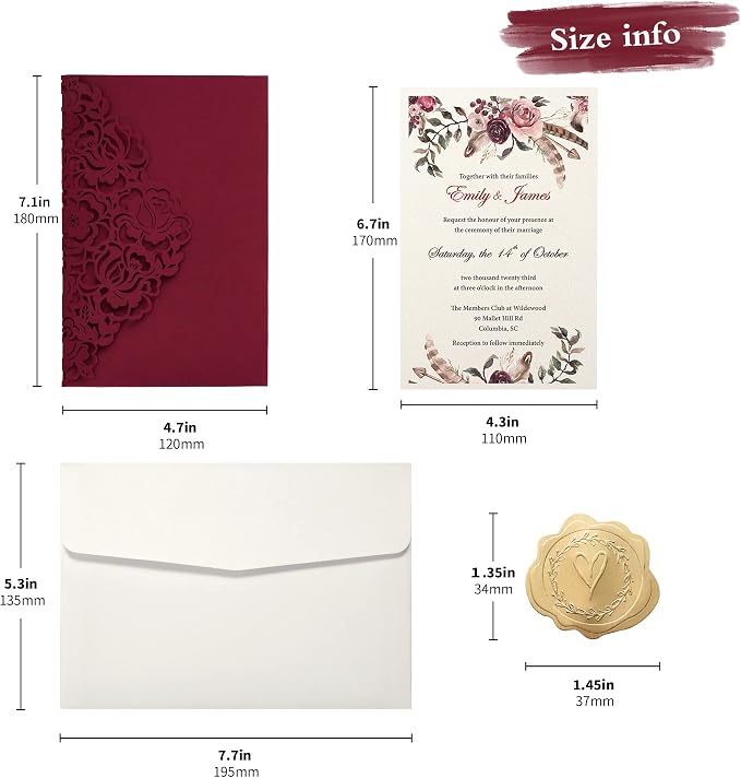 DORIS HOME 50Pcs Personalized Laser Cut Wedding Invitations, Burgundy | 4.7"x7.1", Customized Anniversary Invitations, With Envelopes