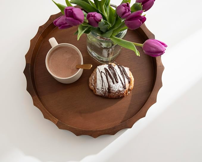 Kate and Laurel Lissi Decorative Round Tray with Wavy Design; 15 Inch Diameter; Walnut Brown; Mid-Century Modern Scalloped Circle Serving Tray for Coffee Table; Ottoman; or Entryway Decor
