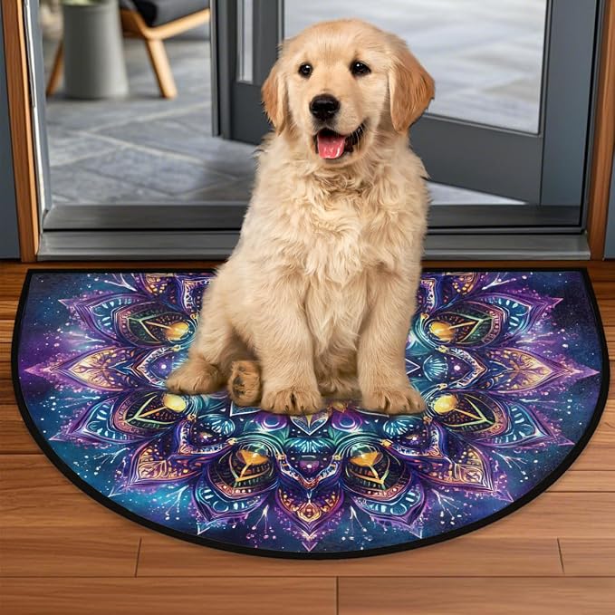 Floral Half Round Doormat Semi Circle Rug Half Moon Rug Entryway Mat | Mandala Galaxy Washable Non Slip Outdoor Floor Rug Kitchen Mat for Indoor Outdoor Bathroom Fireplace Bath Decor