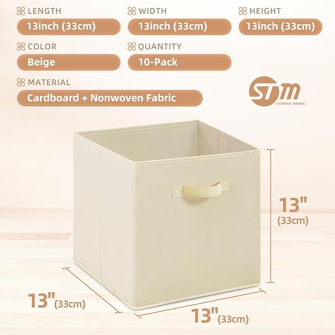 STORAGE MANIAC Storage Cubes, 13 Inch Collapsible Storage Bins with Handles, 10 Pack Fabric Foldable Bins for Organization, Durable Storage Bins for Closet, Shelves, Offices, 10-Pack Beige