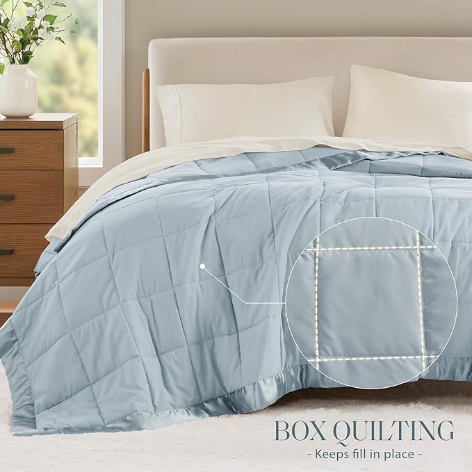 Madison Park Down Alternative Twin Size Blanket for Bed, Satin Trim, Blue | Lightweight Windom Blanket Premium 3M Scotchgard Moisture Wicking Treatment, OEKO TEX, Soft Bed Cover, All Season