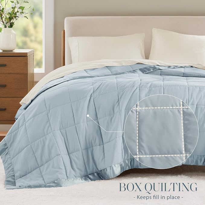 Madison Park Down Alternative King Size Blanket for Bed, Satin Trim, Blue | Lightweight Windom Blanket Premium 3M Scotchgard Moisture Wicking Treatment, OEKO TEX, Soft Bed Cover, All Season
