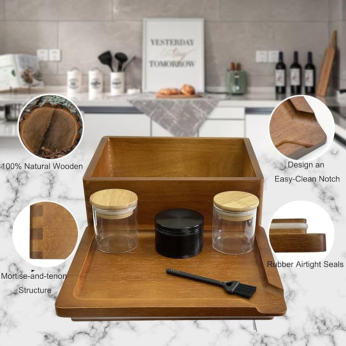 Stash Box with Tray - Large Wooden Box with Accessories Storage Stash Box Set - Decorative Wood Box for Herbs smell proof box (9.5inch)