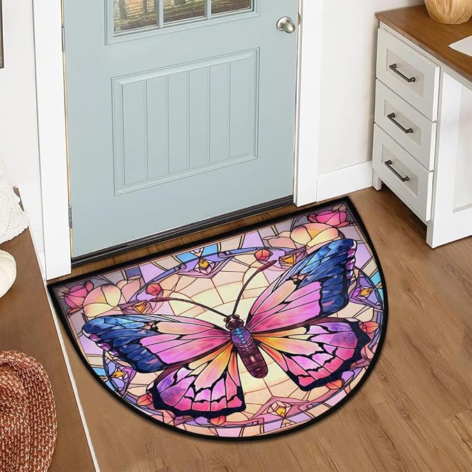Flower Half Round Door Mat Non-Slip Semi Circle Rug Half Moon Doormat | Color Butterfly Soft Washable Welcome Entrance Mat for Outdoor Indoor Floor Bedroom Bathroom Home Kitchen Festival Decor