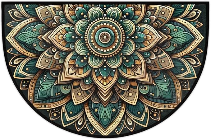 Mandala Ethnic Flower Half Round Door Mat Half Moon Rug Washable Half Circle Area Rugs Indoor Entrance Non Slip Semi Circle Bathroom Rugs Floor Carpet for Kithen Bedroom Fireplace Decor