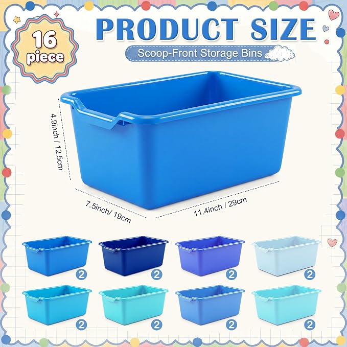 Dandat 32 Pcs Plastic Book Bins for Classroom Library Cubby Bins Scoop Front Stackable Toy Storage Tubs Containers for School Office Home Nursery Playroom Organization (Blue Series)