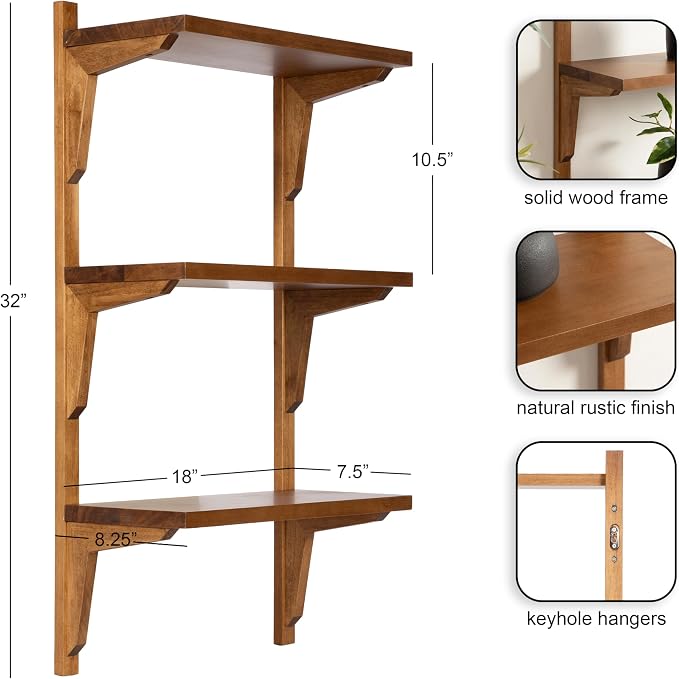 Kate and Laurel Meridien Modern Three-Tier Wooden Shelves, 18 x 9 x 32, Rustic Brown, Stunning Tiered Wall Shelf for Storage and Display as Cute Nursery Shelving or Bedroom Storage
