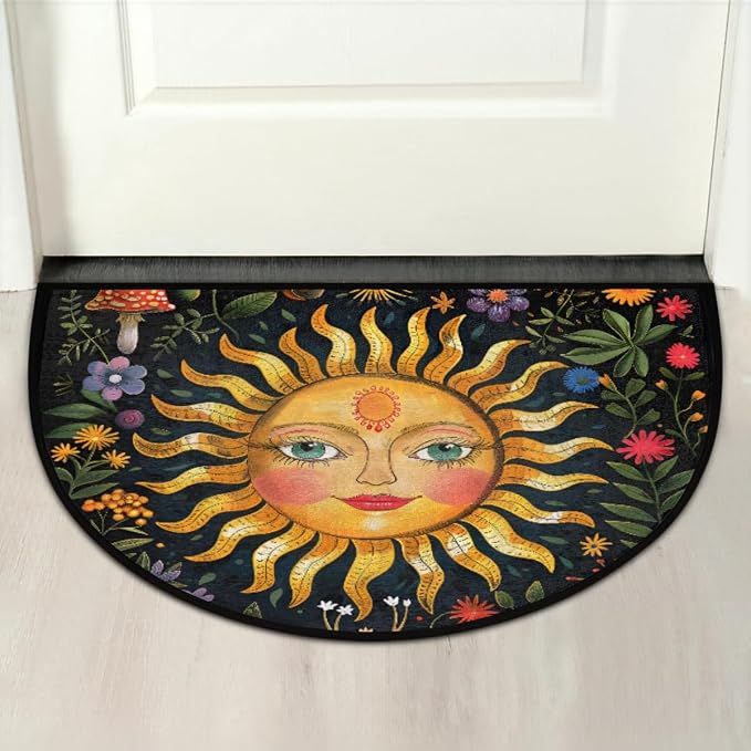Sun Half Round Doormat Non-Slip Semi Circle Rug Half Moon Mat | Mushroom Flower Ethnic Washable Soft Absorbent Indoor Outdoor Entrance Kitchen Bathroom Sink Welcome Fireplace Floor Rug