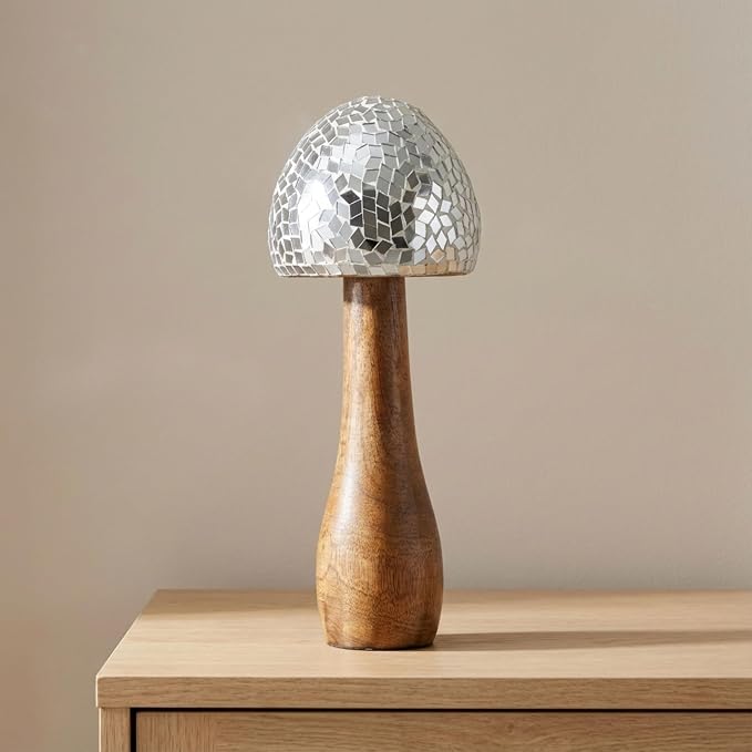 Mango Wood Figurine Sculpture – Artful Room Decor Accent, Shelf, Console, or Table Display, Boho Home Decor Mosaic Detail for Collected Spaces – 10", Silver and Natural Wood