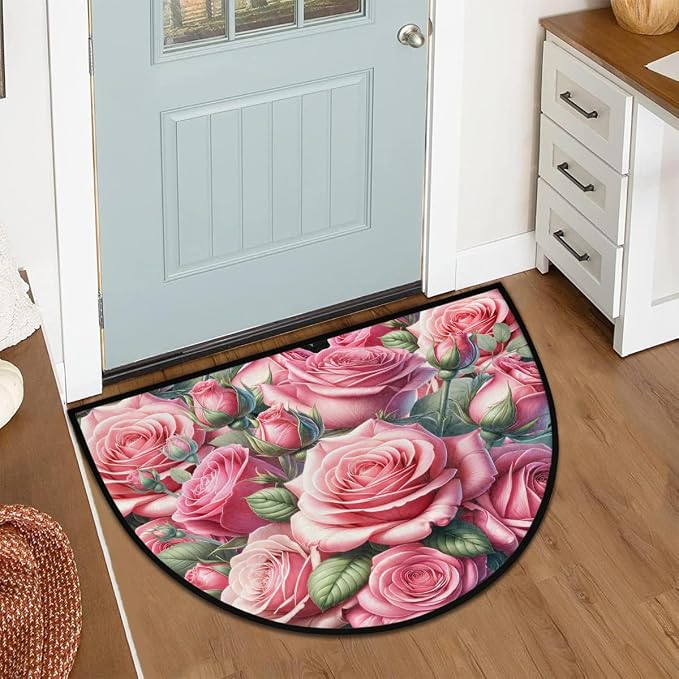 Pink Rose Flower Half Round Door Mat Non-Slip Semi Circle Rug Washable Half Moon Floor Rug Absorbent Bathroom Area Rugs for Outdoor Indoor Fireplace Mat Entryway Kitchen Decor Rugs